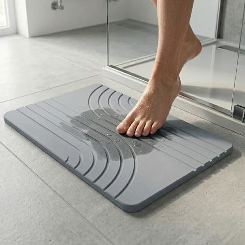 Lynna Alfombra Diatomita Baño – Secado Rápido y Antideslizante – Alfombra de Piedra Diatomita Baño para Salida de Ducha – Alfombrilla Ecológica y Duradera – Diseño Moderno (Gris)