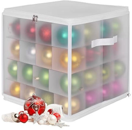Relaxdays Weihnachtskugel Aufbewahrungsbox, 64 Kugeln, HxBxT: 36x36x36 cm, Kunststoff, Pappe, Kugelbox, transparent/weiß