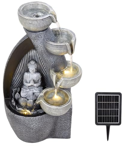 BTGGG Solar Powered Water Fountain,4 Tier Cascading Bowl-Shaped Buddha Solar Water Feature with Lights Outdoor Solar Water Fountain Garden Water Feature Buddha Statue Waterfall Decorations