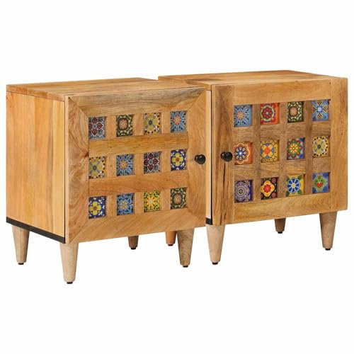 vidaXL Nachttisch 2 pcs Natur 40 x 33 x 46 cm Massivholz Mango, Schlafzimmer, rechteckiger Nachttisch, viel Stauraum, Holztisch, kompakter Schrank, braune Möbel, Dekoration