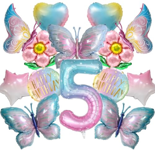 Set di 14 palloncini a forma di farfalla – palloncini colorati con farfalle e fiori, set di decorazioni per il compleanno con palloncini a forma di fiore e stella, per 5 compleanni, anniversari e