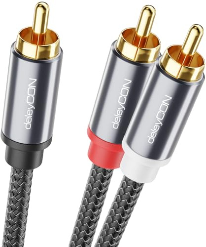 deleyCON 10m Cable RCA para Subwoofer Mono a Estéreo, Nylon, Cobre OFC, Doble Apantallamiento, Conectores Dorados, Cable Coaxial para Receptor HiFi, Mesa de Mezclas, DJ, Altavoces - Negro