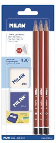 Lapices de grafito milan hexagonal hb + goma 430 + afilalapiz blister de 3 unidades