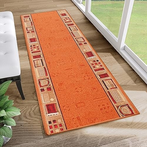 TAPISO Anti Rutsch Teppich Läufer rutschfest Brücke Meterware Modern Orange Rot Beige Figuren Design Meliert Flur Küche Wohnzimmer 67 x 150 cm
