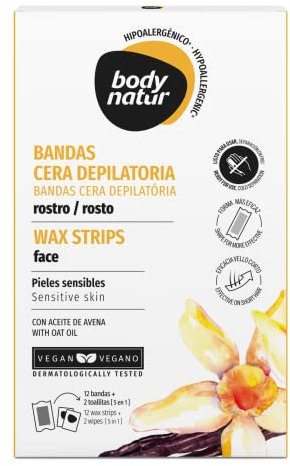 BODYNATUR - Banda Cera Clean Beauty Depilatoria Facial con Aceite de Avena - Hipoalergénica - Cera Fría Depilatoria - Pieles Sensibles - 12 Bandas + 2 Toallitas