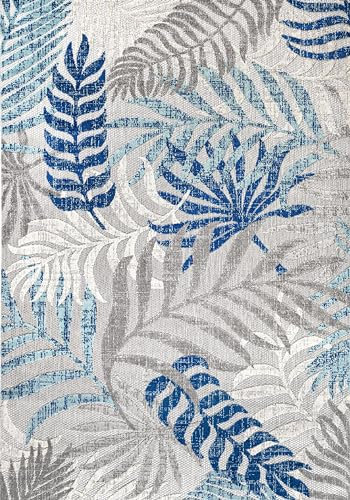 JONATHAN Y AMC100A-8 Tropische Palmenblätter Indoor Outdoor Teppich Bohemian Floral, leicht zu reinigen, Schlafzimmer, Küche, Hof, Terrasse, Veranda, Nicht fusselnd, 240 cm x 300 cm, Grau/Blau