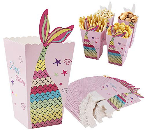 MengH-SHOP Popcorn-Boxen Meerjungfrau Popcorn Tüten Fischschwanz Popcorn Tasche Karton Popcornboxen für Geburtstage, Filmabend, Karneval 24 Stück