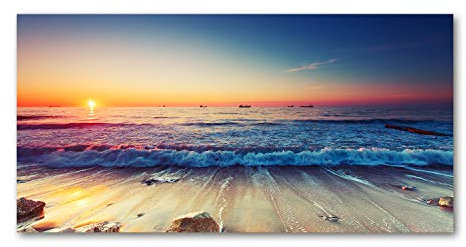 Tulup Impression sur Verre de 120x60 cm Image Tableau Photo décorative panoramique pour la Cuisine et Le Salon - Paysage - Lever du Soleil À La Mer - Orange
