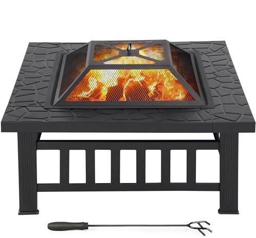 Yaheetech quadratischer Feuerkorb Feuerstelle mit Funkenschutz Feuerschalen für den Garten, Multifunktional Fire Pit für Heizung im Winter, mit Tischplatte, 80,5x80,5x49,5cm