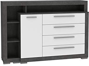 Furniture24 Kommode Julietta CRMK25L, Schlafzimmer, Sideboard mit 4 Schubkästen und Tür (Beton dunkelgrau/Weiß Hochglanz)