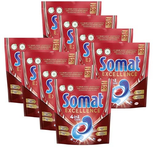 Somat Excellence 4 en 1, 160 cápsulas (8 x 20) para lavavajillas para una limpieza excelente, brillo brillante y cuidado cuidadoso para platos y lavavajillas.