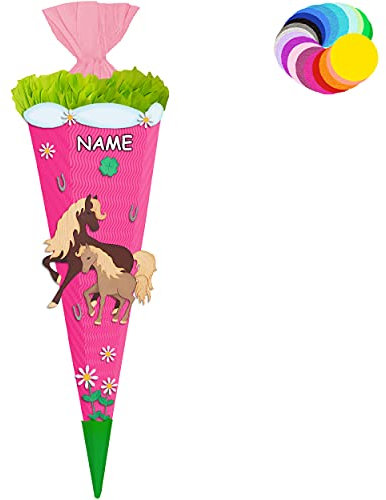 alles-meine.de GmbH Bastelset - Schultüte Farbe & Größe wählbar 70/85 / 100 cm - Pferde & Fohlen - inkl. Name - Farbe frei wählbar - Bastelschultüte - Zuckertüte zum selber..