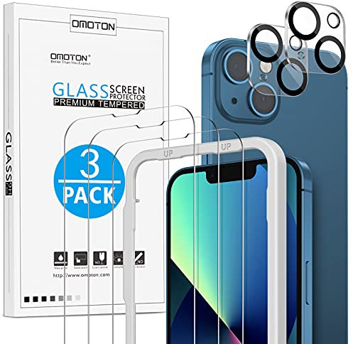 OMOTON für iPhone 13 Panzer Schutz Glas mit Rahmen-Installationshilfe, kompatibel mit iPhone 13 Kamera Schutzfolie, [3+2 Stück], [Anti- Kratzer], [Bläschenfrei], [9H Härte], [HD-Klar]