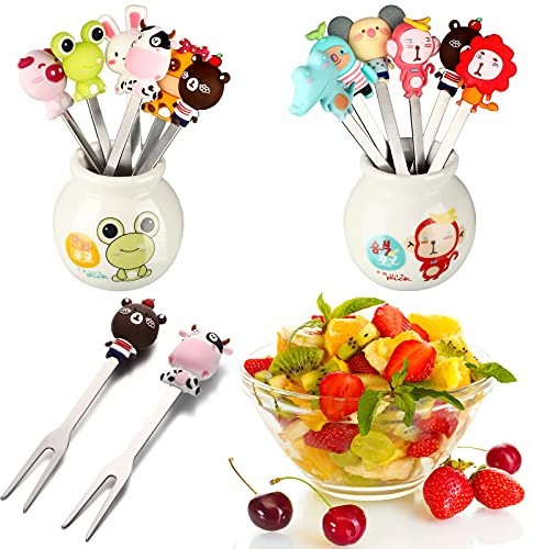 Chengu 12 Pcs Animal Food Picks for Kids with 2 Ceramic Jars Set