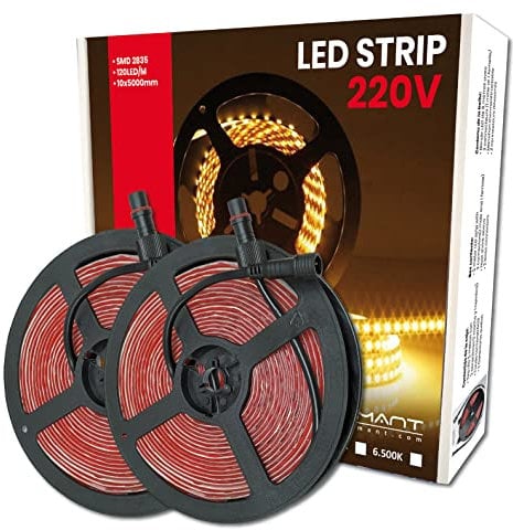 LED ATOMANT Pack 2x Rollo de 5 metros de Tira de Luz LED Directa a 220v, 12W/m, Color Blanco Calido (3000K), Impermeable (IP65), Corte cada 10cm