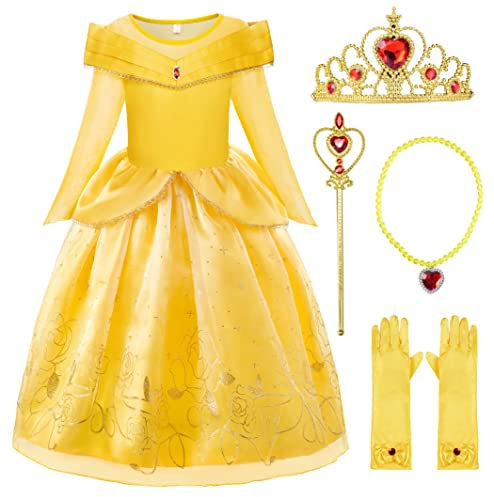 ReliBeauty Vestito Costume Principessa Carnevale Bambina Halloween Giallo con Accessori,130