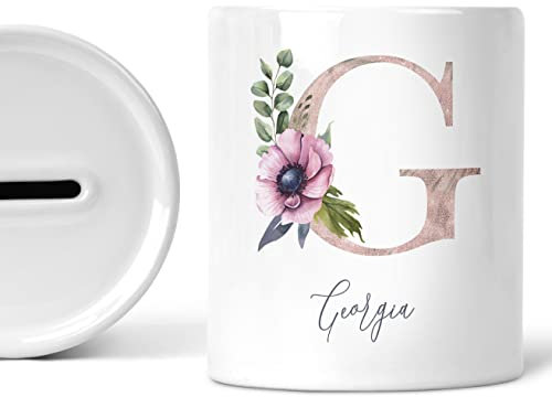 Pink Initial Name Piggy Bank Personalised Floral Money Box For Her Girls Ladies Custom Rose Gold Birthday Gifts Savings Jar Ceramic Keepsake