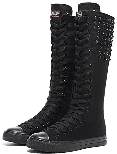 Momuk Stile punk, con borchie lunghe, stivali in tela, altezza al ginocchio, casual, scarpe da donna e ragazza, Nero , 38 EU