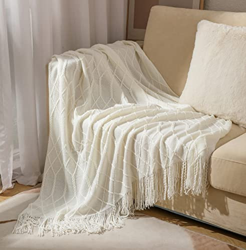 Hayisugal Sofadecke Boho Decke Strick Decke Tagesdecke Wohndecke Gestrickte Decke Wendedecke Kuscheldeck Couchdecke überwurf Decke Reise Decke, Weiß, 130 x 200cm