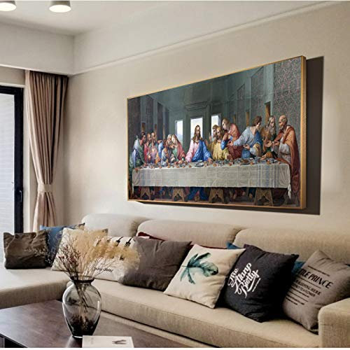 Jianghu Art Da Vinci Letztes Abendmahl Gemälde Reproduktionen an der Wand Kunstdruck auf Leinwand Dekorativer goldener Rahmen Home Decor Bilder 55 x 110 cm (22 x 43 Zoll) mit Rahmen