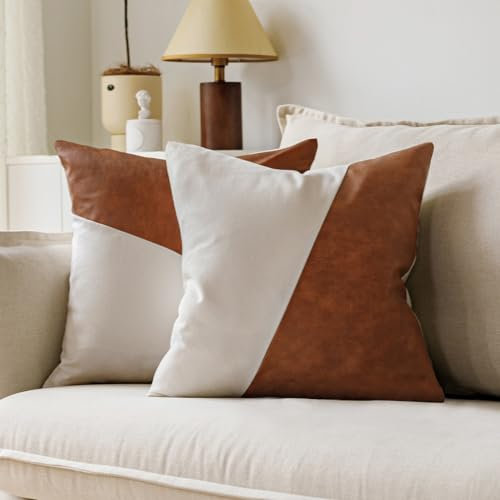 GEGELICA Kunstleder-Patchwork-Kissenbezüge aus weißem Leinen, modern, minimalistisch, Bauernhaus, einfarbig, Boho-Dekoration, für Couch, Wohnzimmer, Schlafzimmer, 45,7 x 45,7 cm, Braun und Cognac