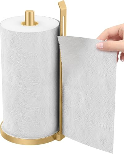 Jesginboo Kitchen Roll Holder Free Standing, Countertop Paper Towel Dispenser for One Hand Tearing Paper Towel Holder Stand with Marble Base for Standard and Large Size Rolls, Golden