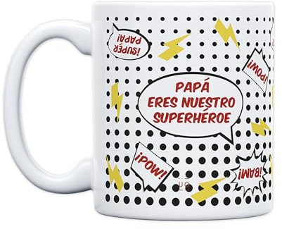 UO Taza con mensaje Papá: sin capa pero con calcetines. Taza para Desayuno. Regalo Lleno de Amor para Papá. Detalle Original para El día del Padre. Capacidad 350 ml, Cerámica.