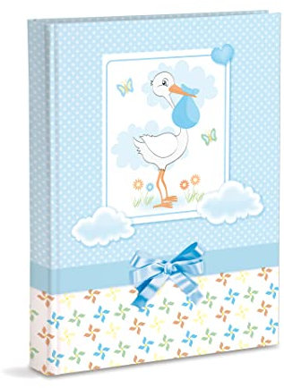 Geburtsfotoalbum cm 21x28 mit Taschen enthält 200 Fotos cm 13x18, Blauer Storch