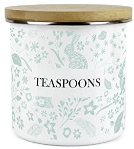 Purely Home Wild Rabbits Green Teaspoons Storage Canister - White Metal Enamel Kitchen Food Storage Container