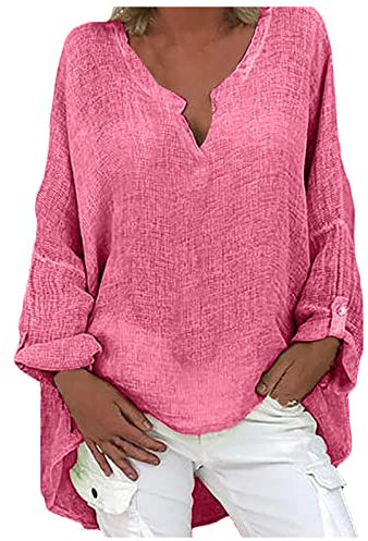 Susenstone Chemisier Femme Lin T-Shirt Manches Longues Oversized Blouse Tunique Casual Col V Couleur Unie Hauts Sexy Mode Chemise Tops Grande Taille Chemise Eté Lâche Respirant Tuniques Rose