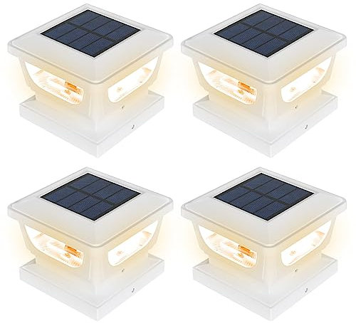 Sumaote 120 Lumen Solar Post Cap Light Outdoor Fits 4 x 4 Wood, 3x3 & 4x4 PCV/Vinyl Posts, Warm White Fence Deck Post Lights Solar Powered for Garden Yard Railing, IP65 Waterproof, 4 Pack