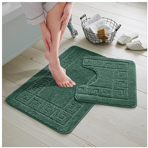 GC GAVENO CAVAILIA 2 Piece Washable Bathroom Mat, Extra Absorbent Anti Slip Bath Mats, Super Soft Toilet Rugs Set, Dark Green, (50x80, 50x40 cm)
