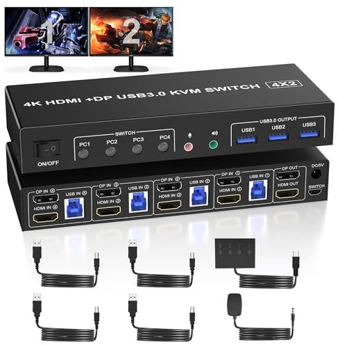 USB3.0 HDMI Displayport KVM Switch 4 PC 2 Monitores, Dual Monitor Conmutador KVM para 4 Computer Compartir 2 Monitor y Salida de Micrófono de Audio y 3 Ports USB, Apoyo Desktop Controller