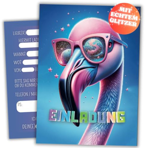 PRINTNOVIA GLITZER Flamingo Einladungskarten für Kindergeburtstag & Party (12 Stück) - Stilvolle Einladungen für Feiern - Perfektes Einladungsset mit Funkelnder Eleganz