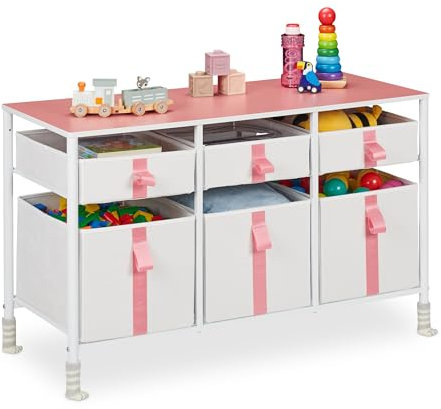 Relaxdays Meuble de Rangement pour Enfants, 6 tiroirs, Commode, env. 61,5 x 100 x 40,5 cm, Tissu et métal, Blanc/Rose