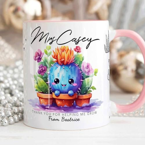 The Whistling Wren Personalised Cactus Teacher Appreciation Thank You Mug Gift, End of Term Gift, Personalised Mug & Coaster Set for Teacher, TA or Mentor