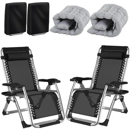 Fiutazge 2Pcs 83cm Ultra Breit Klappbare Sonnenliege,Klappbare gartenliege,Klappliegestuhl Mit Polsterung,Nackenkissen,GeträNkehalter und Gartenstuhl Abdeckung,Grau,260kg Belastung