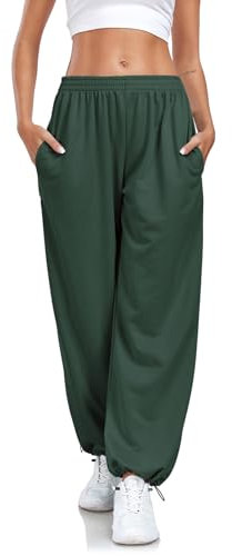 Enwokran Pantalones Mujer Deportivos de Pierna Ancha de Verano Cargo Pantalón Largo Trabajo Pant Cintura Alta Pierna Ancha Baggy con Bolsillos (Ejercito Verde, L)