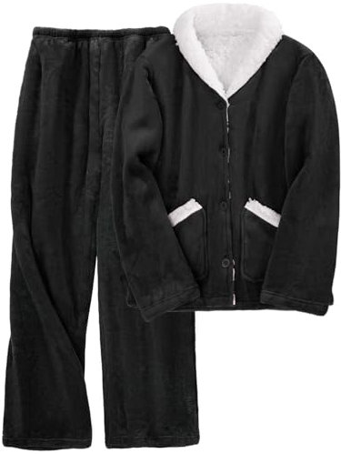CMTOP Pigiama Donna Invernale Flanella Pigiama Set Termico Pigiama in Pile Due Pezzi per La Casa Felpato Pigiama con Bottoni e Pantalone Lungo da Notte Pigiama Elegante con Tasche(Nero, S)