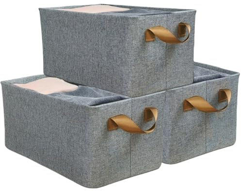 Aufbewahrungsbox Stoff, 3er Set Faltbare Kleiderschrank Organizer 41×32×20 cm, Aufbewahrungskorb mit Griffen, Grau Faltbox mit Metallträger, Stoffboxen Aufbewahrung für Schrank, Regal, Kleidung