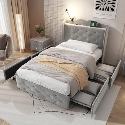 BTM Upholstered Single Bed With 4 Drawers, Lamp & 4 USB Ports, Velvet Frame, 3FT-90x190cm, Grey (No Mattress)