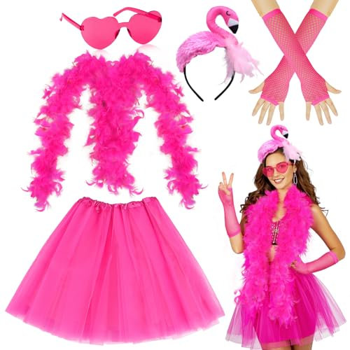 iZoeL Karneval Flamingo kostüm damen Mädchen, Flamingo Haarreif Rosa Tutu Rock Federschal Federboa Handschuhe liebesbrille Karneval Kostüm Accessorie, Damen Mädchen KostümFasching Mottoparty