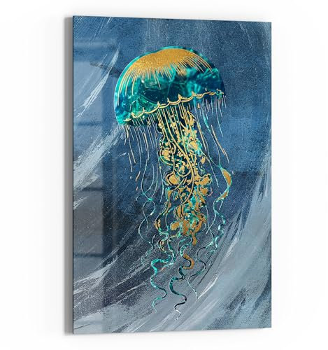 DEQOART Glasbild Echtglas | Motiv Goldene Qualle | vertikal einteilig 40x60 cm | schöne Dekoration | Wandbild für Wohnzimmer, Schlafzimmer, Flur & Küche | moderne Wanddeko