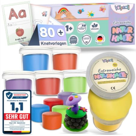 Valy&Oli® Knete - Extraweiche Vegane Kinderknete ab 1 2 3 Jahren [inkl. Knetvorlagen] Made in Germany - Sorglos Spielen - Fördert Kreativität & Feinmotorik - XL Set 6×100 g - Klassikfarben