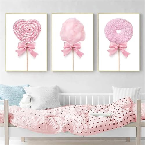 3er Set Bilder Kinderzimmer, Bilder Leinwand Wandposter Kinderzimmer, Deko Bilder Kinderzimmer, Candy Bow Dekorative Leinwand Malerei, Wandbilder für Wohnzimmer, Schlafzimmer, Ohne Rahmen (30x40 cm)