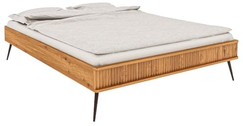 Lomadox Doppelbett 200x220 cm in Eiche massiv geölt, gerilltes Bettende Stahlfüße Massivholz
