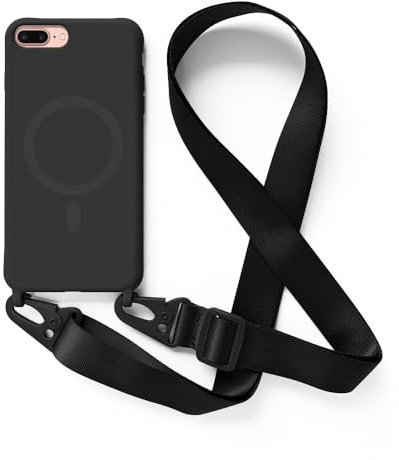 Handykette Hülle für iPhone 6/7/8 Plus(5.5) mit Band Halsband Lanyard (abnehmbar) Handyhülle, Verstellbarer Lanyard.Magnetisch Stoßfest Silikonhülle Wireless Charging kompatibel .-Schwarz