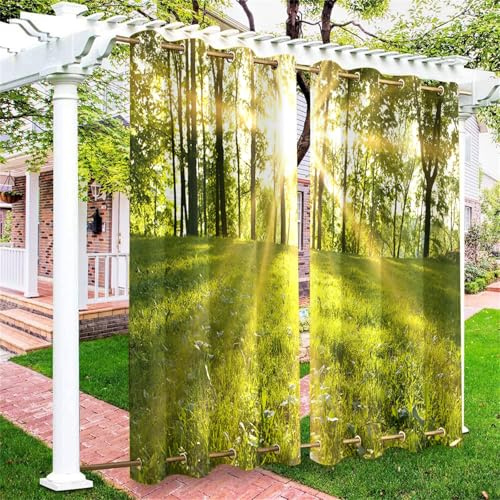 Hiseng Outdoor Vorhänge Wetterfest mit Ösen Oben und Unten, 3D Wald Muster wasserdichte Outdoorvorhänge 2 Set Verdunkelungsvorhang Sichtschutz Vorhang für Garten Balkon (Grün Gras,137x243cm)