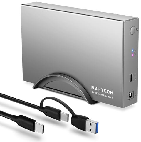 RSHTECH Hard Drive Enclosure, USB C 3.0 to SATA Hard Drive Canddy for 3.5 inch SATA I/II/III HDD SSD up to 24TB, Aluminum External 3.5 HDD Case with 3.3ft USB Cable and 12V Power Adapter (RSH-339STC)