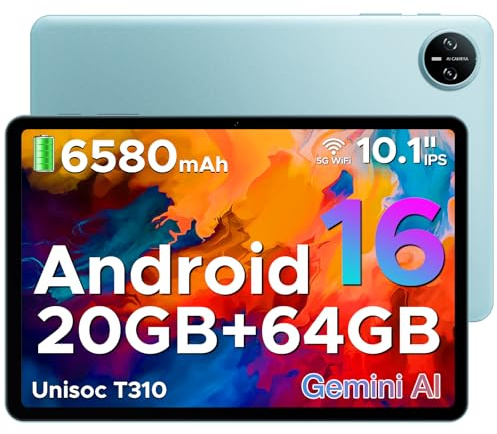 DOOGEE Tab A9 Tablet 10 Zoll Android 16, 20GB RAM+64GB ROM(TF 2TB) Gaming Tablet, Gemini AI, 6580mAh, Unisoc T310, Dual Speaker, 5G WiFi, 8MP Kamera, Bluetooth 5.0, Face ID, 3.5mm Kopfhöreranschluss